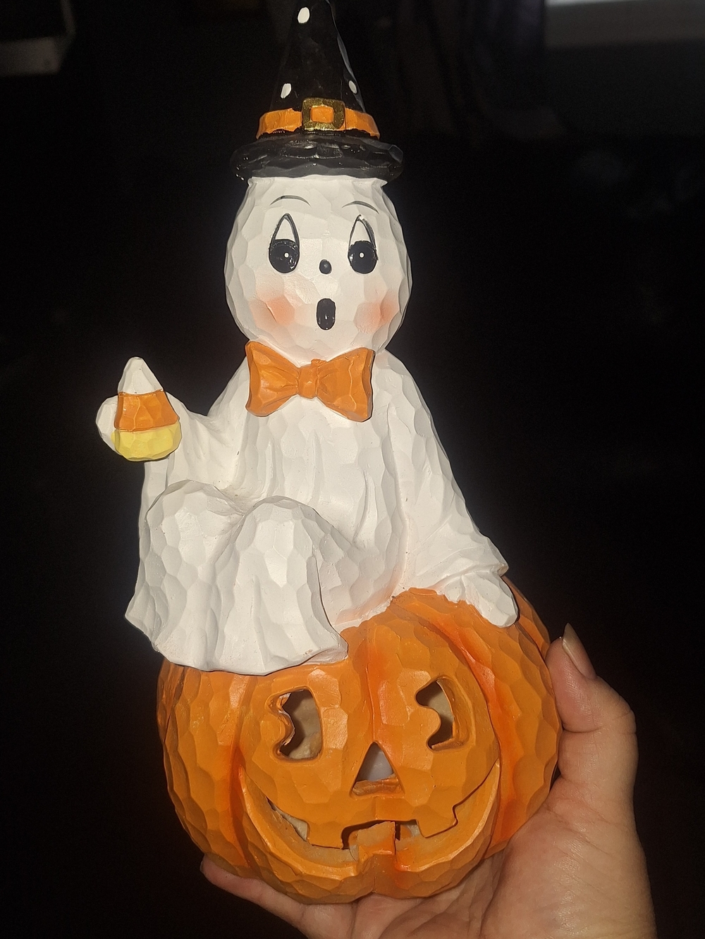 Halloween Ghost on Pumpkin  Glass  - White & Orange Light Up